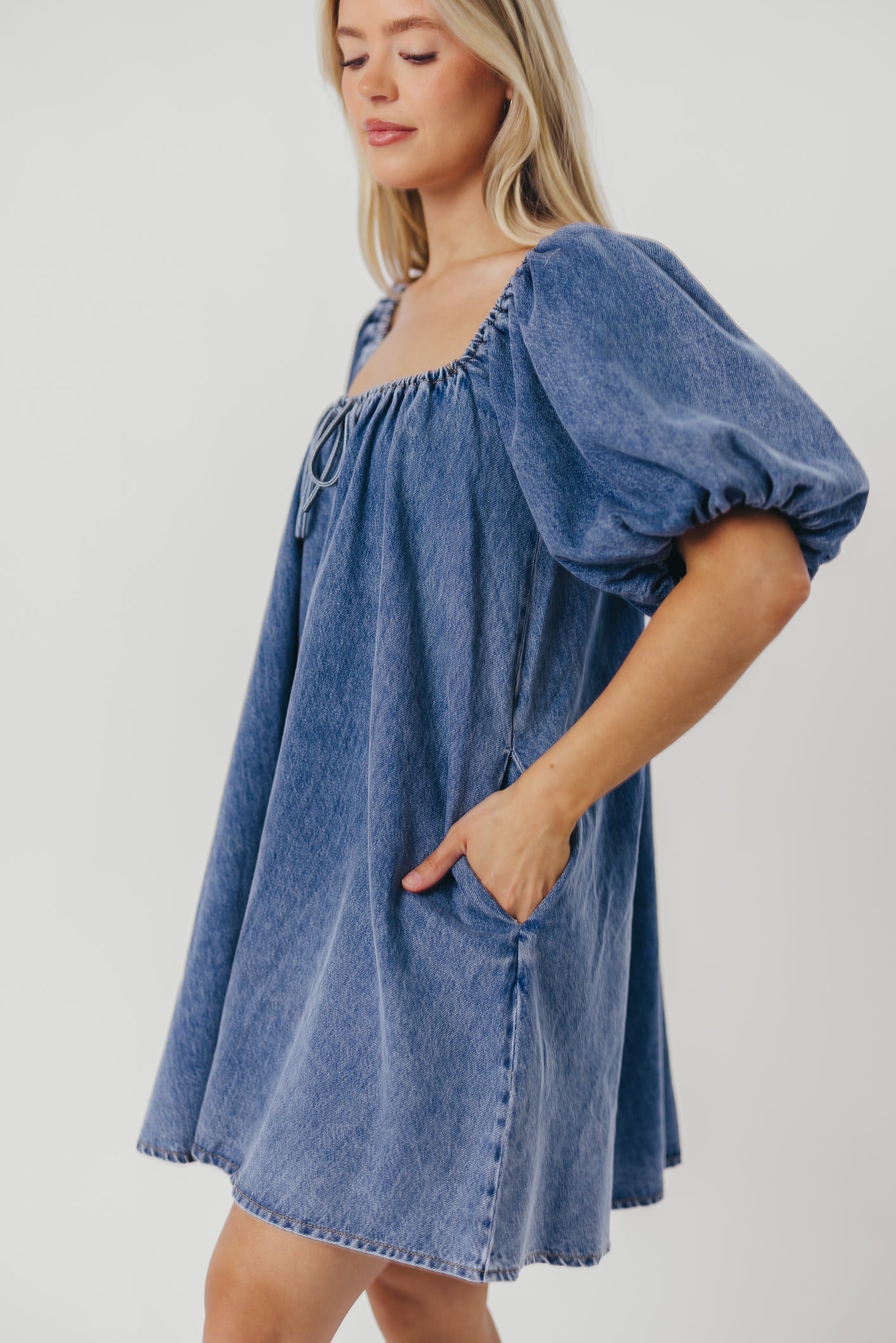 Morgan Babydoll Mini Dress in Denim - Restocking End of July