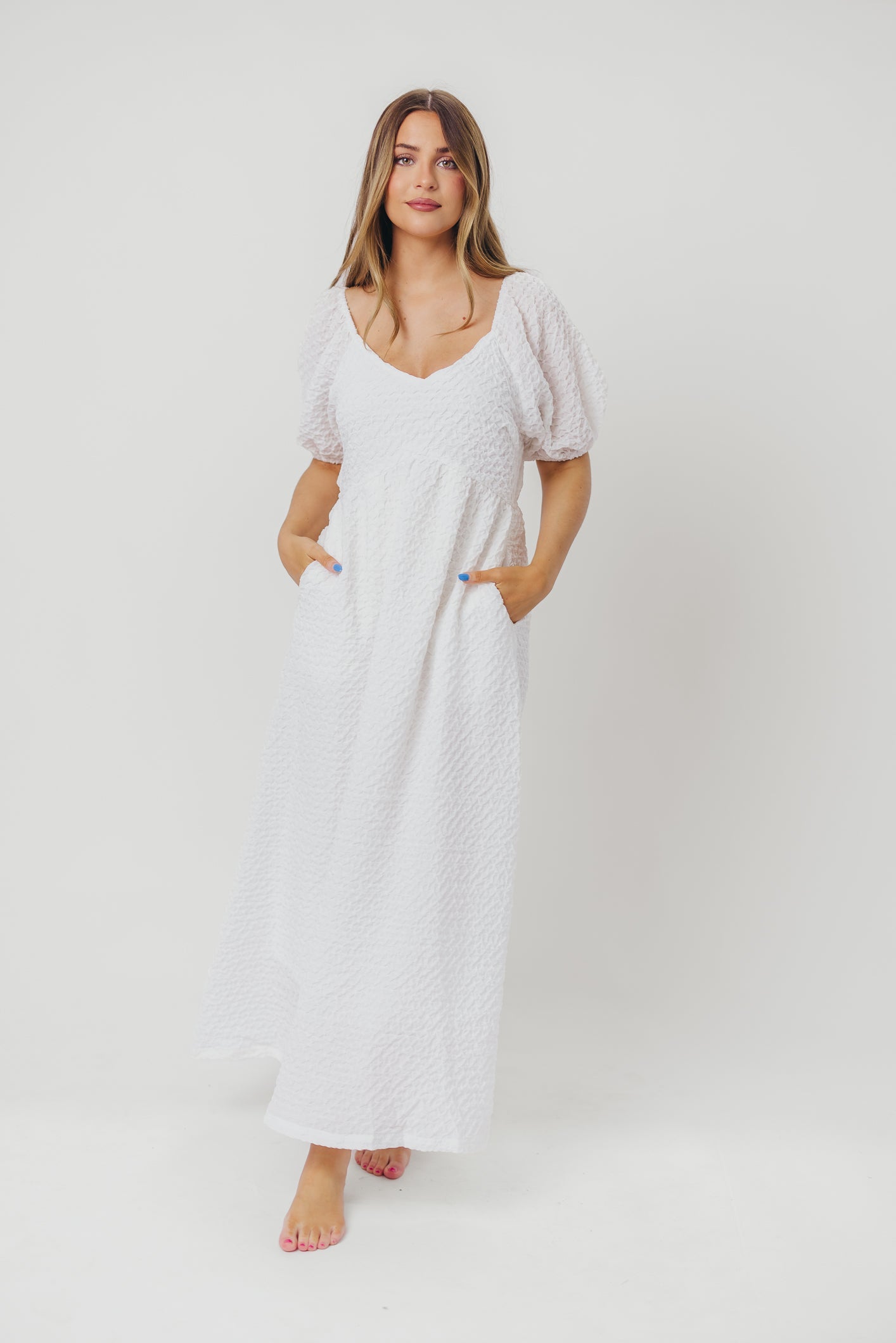 Grace Textured Weave Long Midi Dress with Puffed Sleeves in Ivory