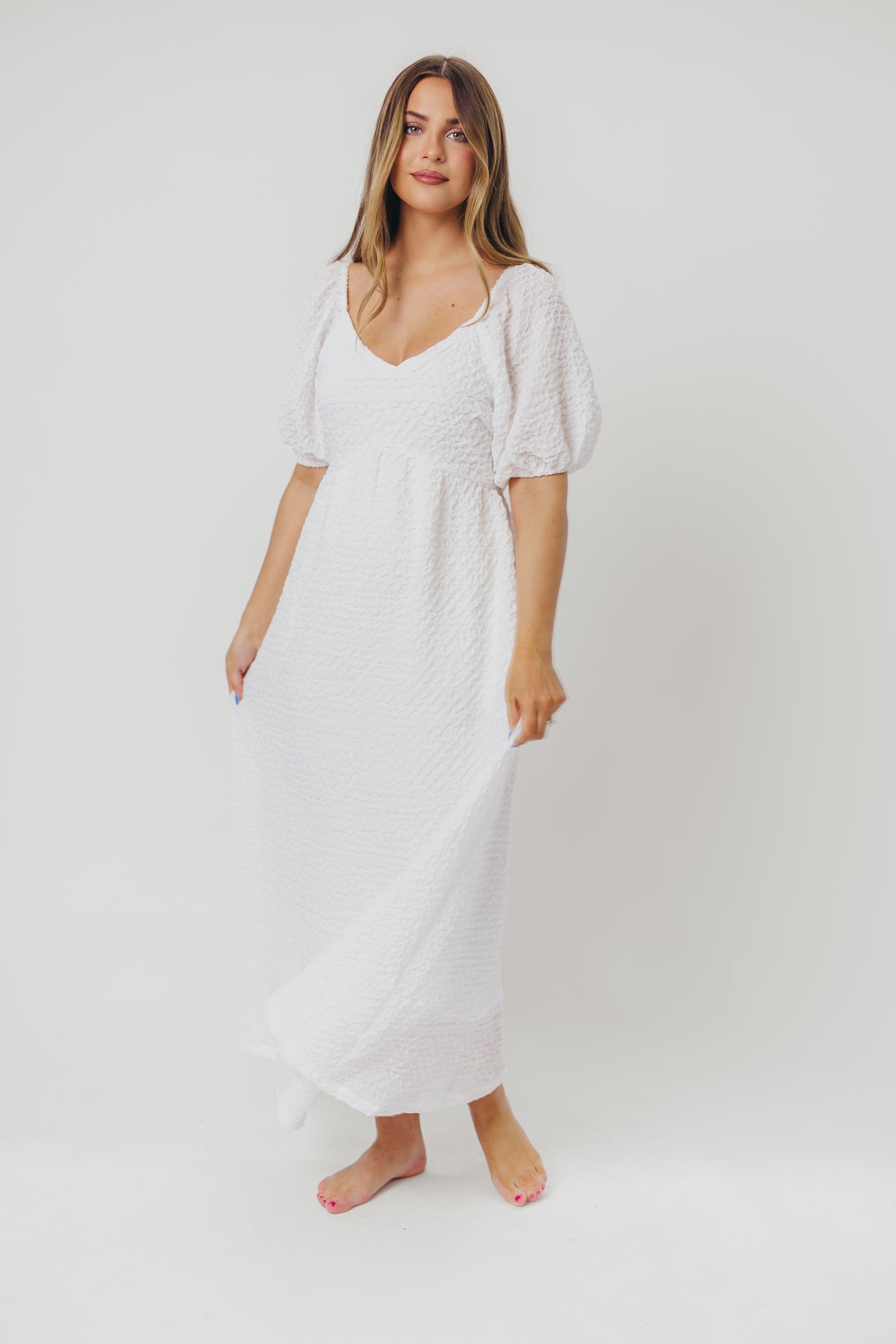 Grace Textured Weave Long Midi Dress with Puffed Sleeves in Ivory