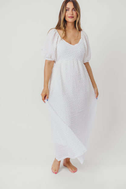 Grace Textured Weave Long Midi Dress with Puffed Sleeves in Ivory