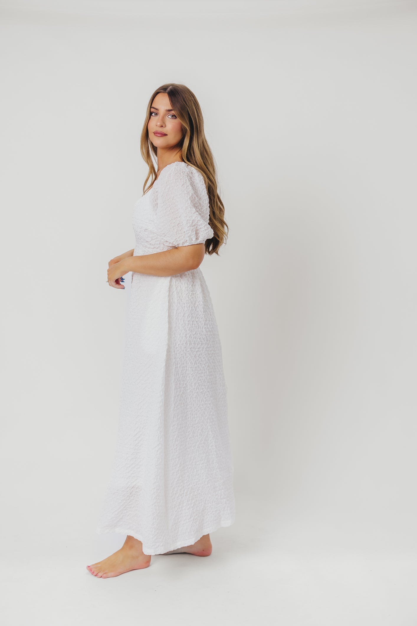 Grace Textured Weave Long Midi Dress with Puffed Sleeves in Ivory