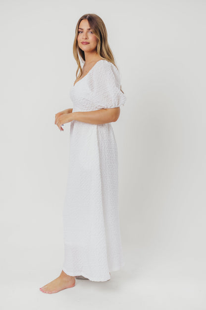 Grace Textured Weave Long Midi Dress with Puffed Sleeves in Ivory