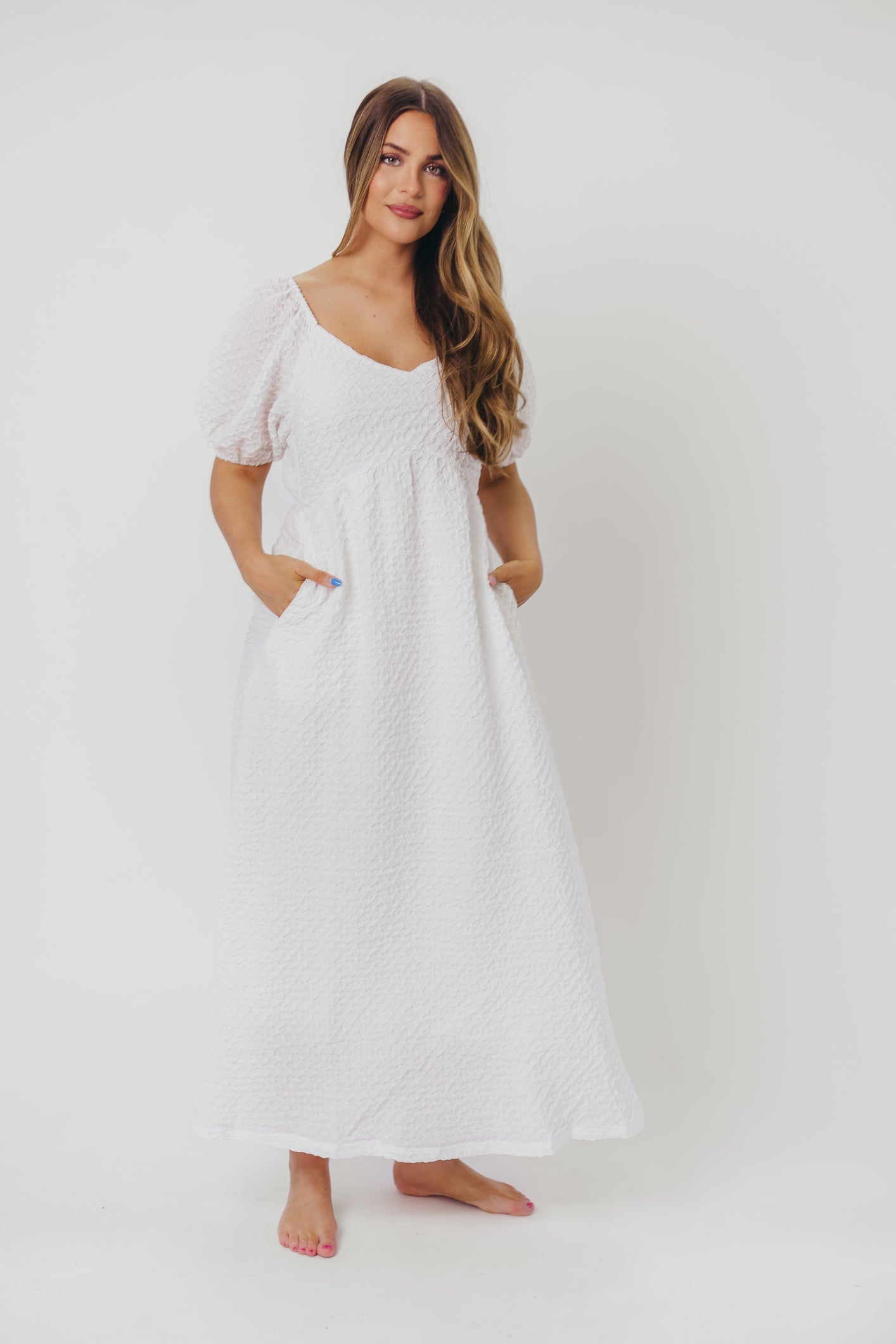 Grace Textured Weave Long Midi Dress with Puffed Sleeves in Ivory