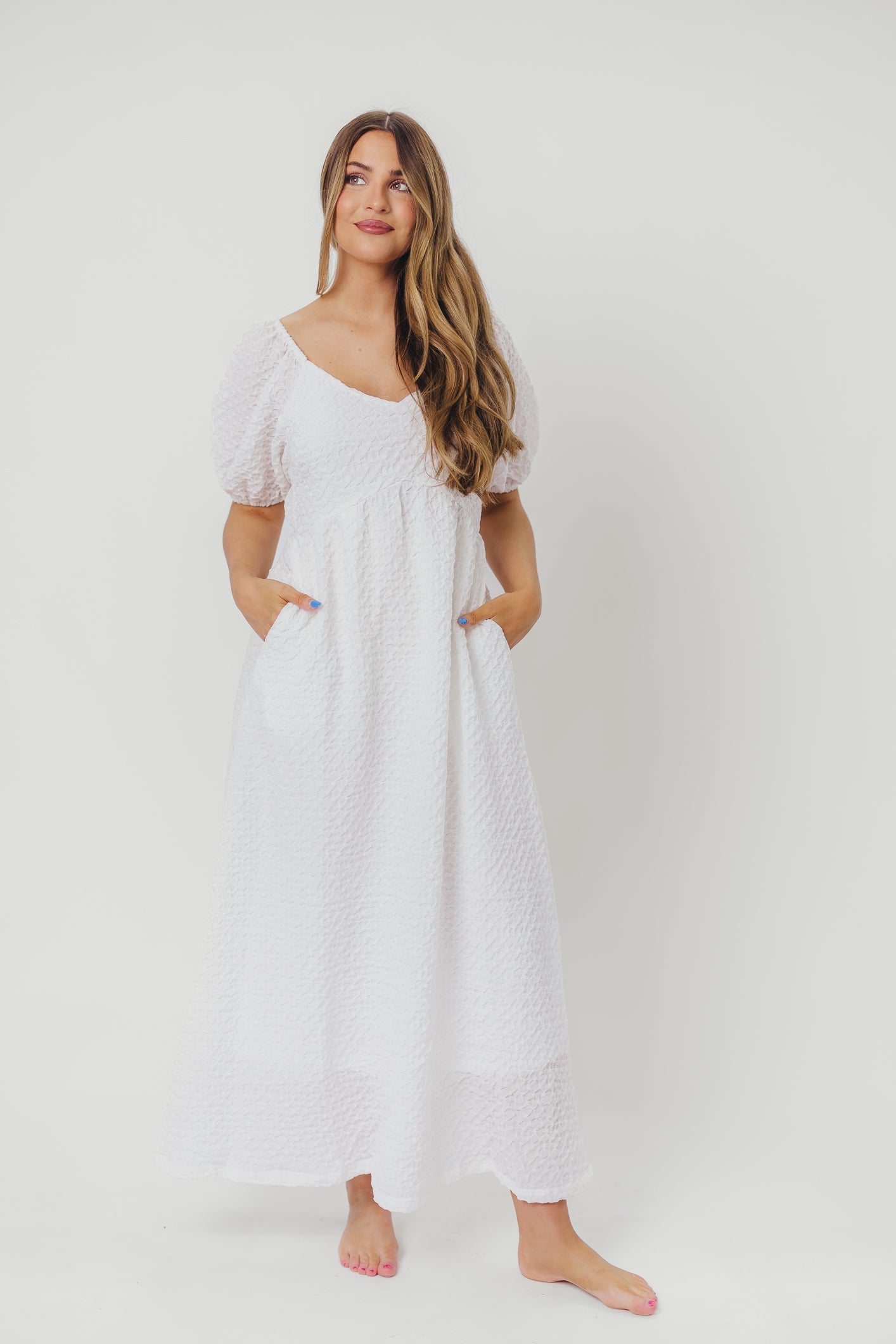 Grace Textured Weave Long Midi Dress with Puffed Sleeves in Ivory