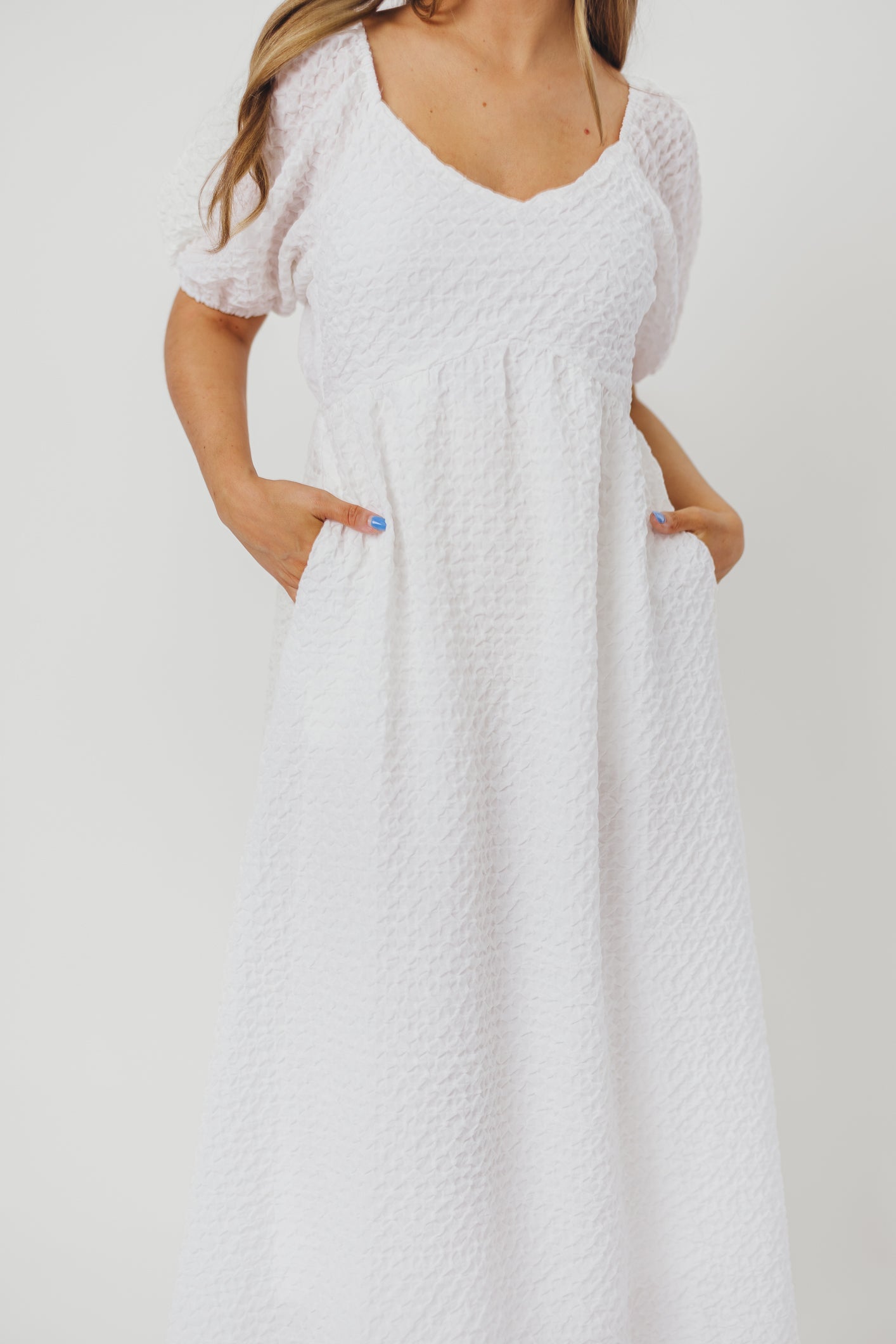 Grace Textured Weave Long Midi Dress with Puffed Sleeves in Ivory