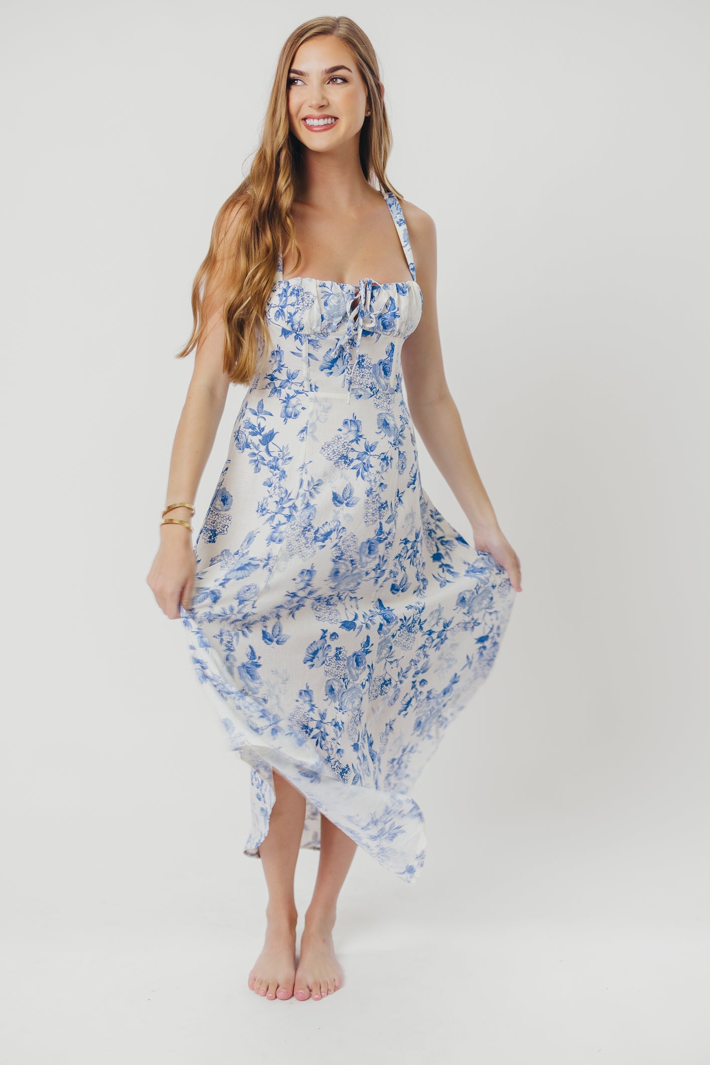 Cassie Linen-Blend Midi Dress in Cream Blue