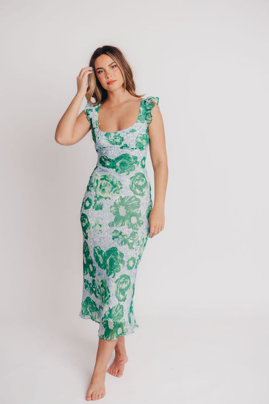 Pisa Floral Chiffon Midi Dress with Ruffle Shoulder in Green/Blue