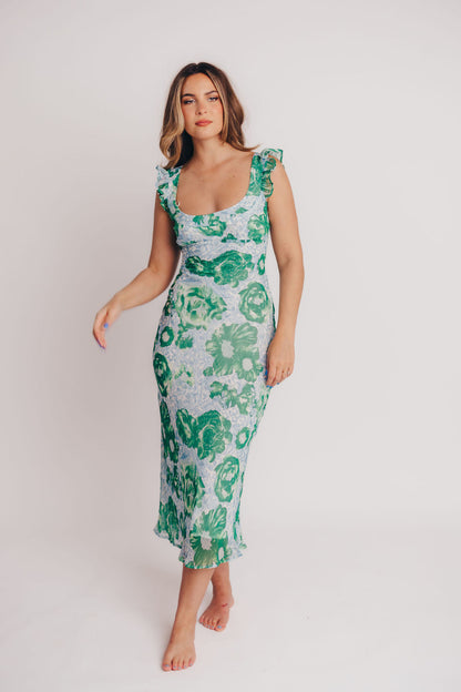 Pisa Floral Chiffon Midi Dress with Ruffle Shoulder in Green/Blue