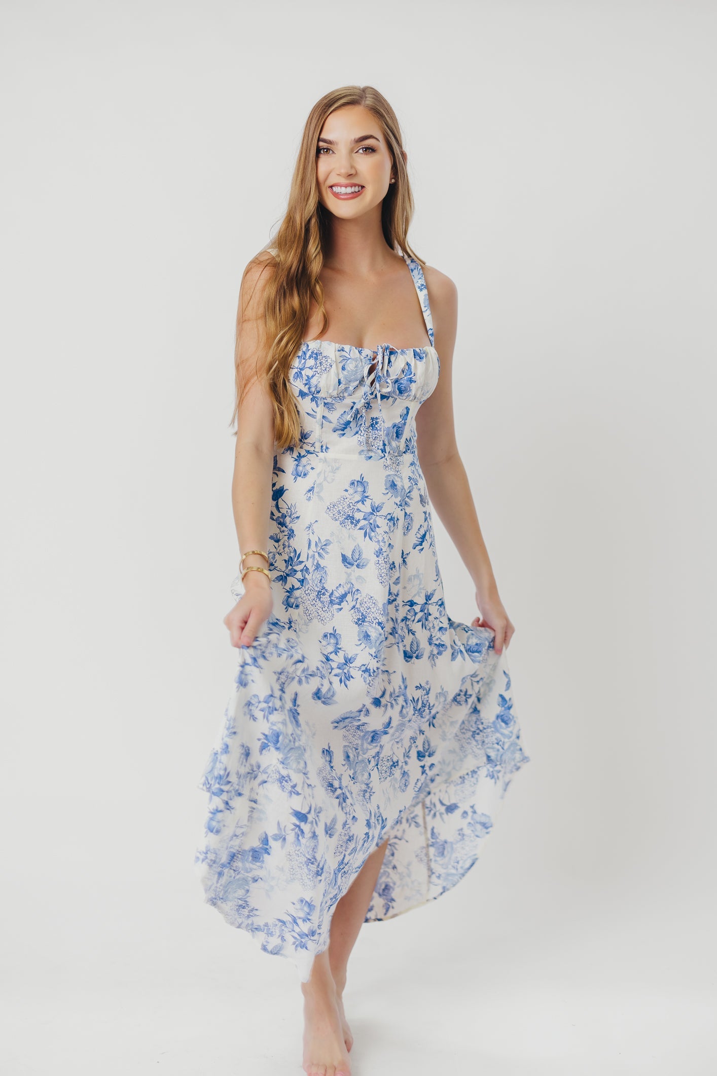 Cassie Linen-Blend Midi Dress in Cream Blue