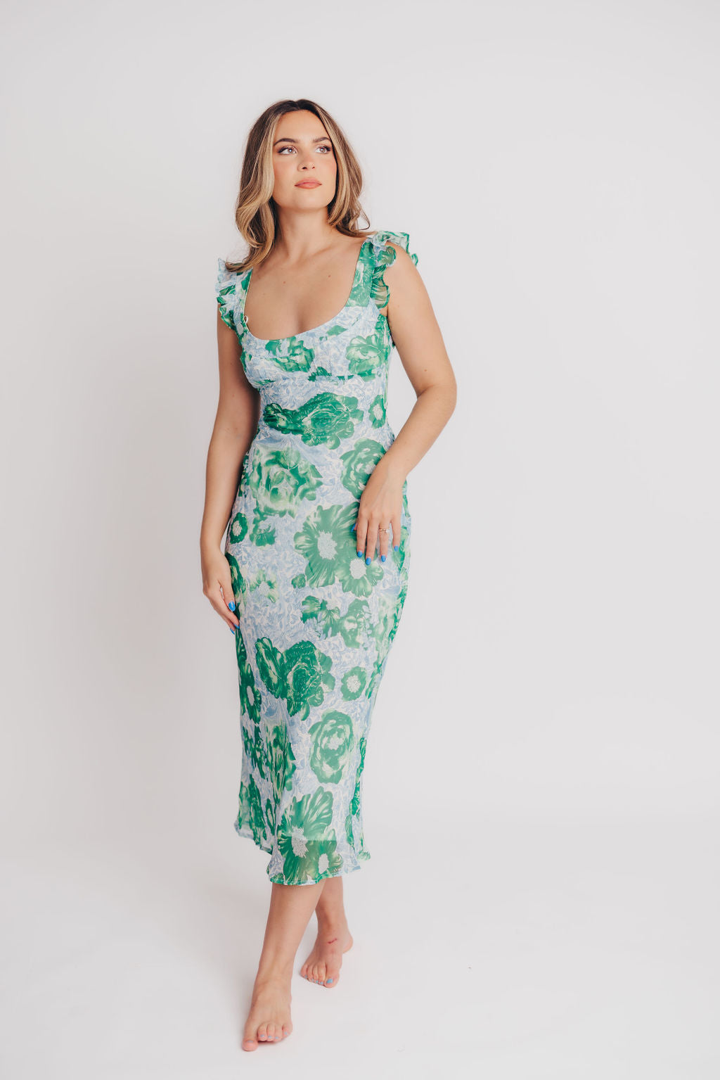 Pisa Floral Chiffon Midi Dress with Ruffle Shoulder in Green/Blue