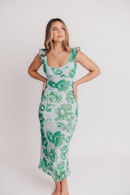 Pisa Floral Chiffon Midi Dress with Ruffle Shoulder in Green/Blue