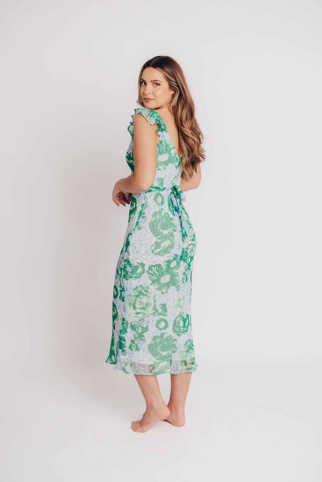 Pisa Floral Chiffon Midi Dress with Ruffle Shoulder in Green/Blue