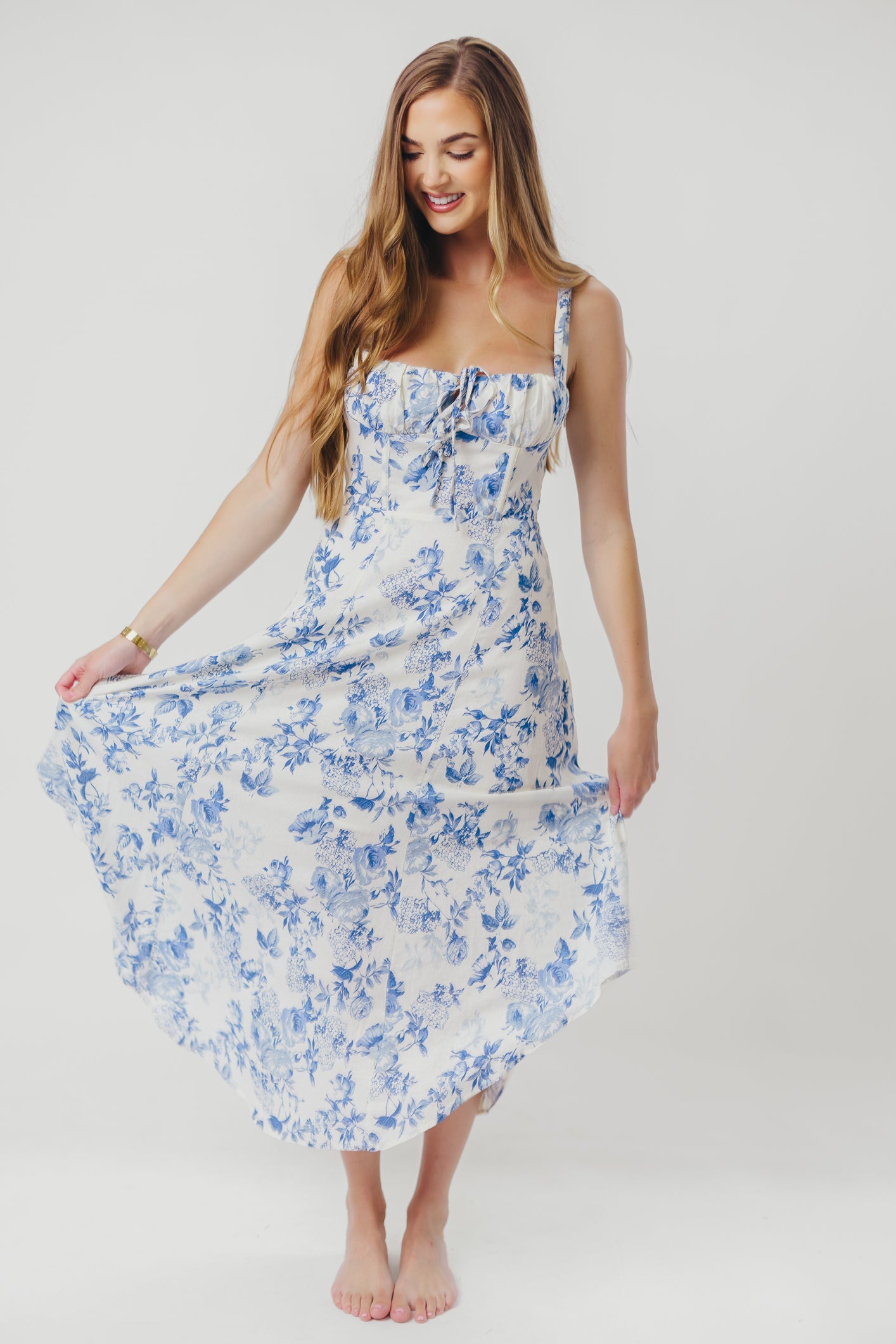 Cassie Linen-Blend Midi Dress in Cream Blue