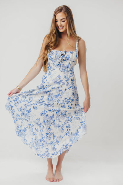 Cassie Linen-Blend Midi Dress in Cream Blue