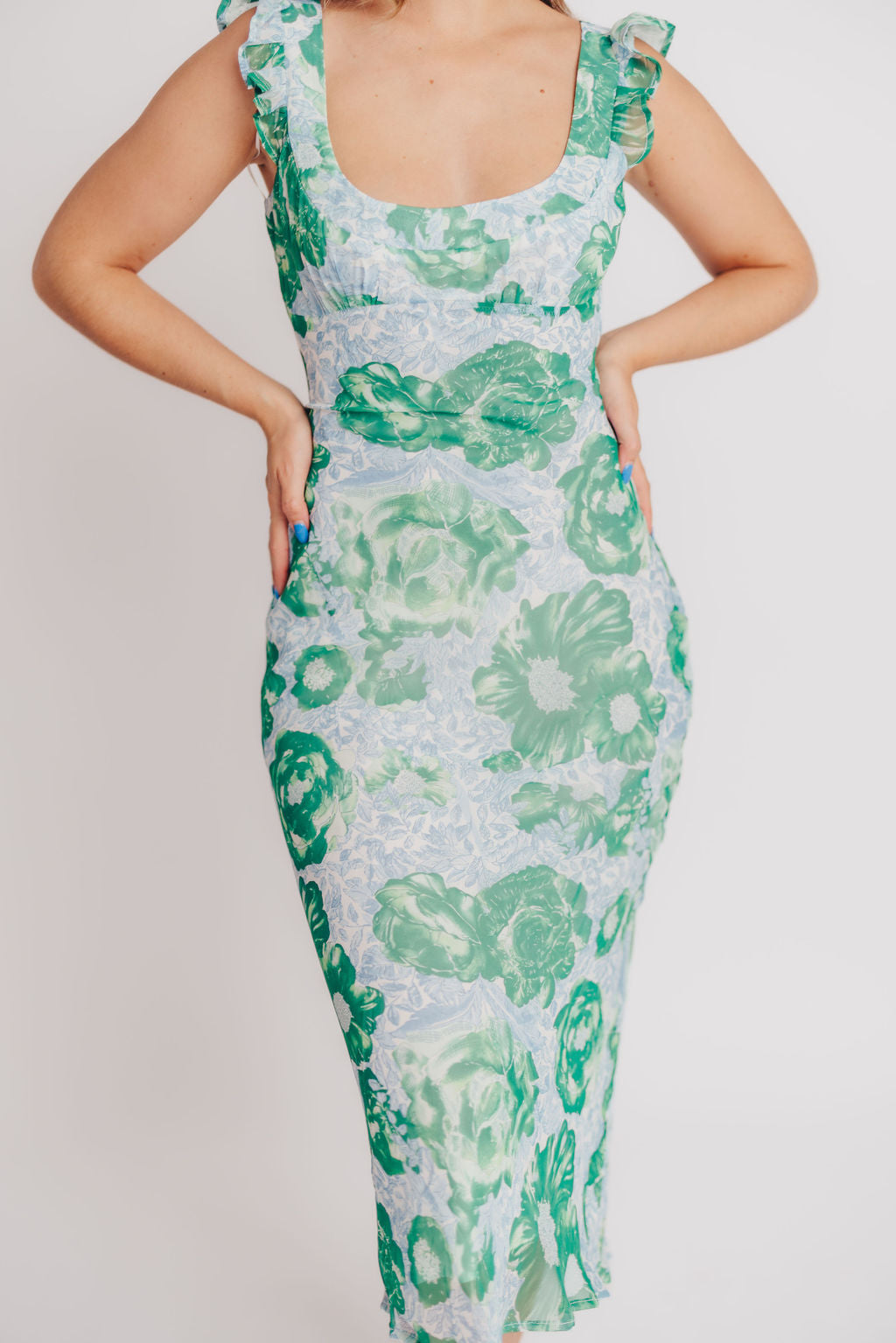 Pisa Floral Chiffon Midi Dress with Ruffle Shoulder in Green/Blue