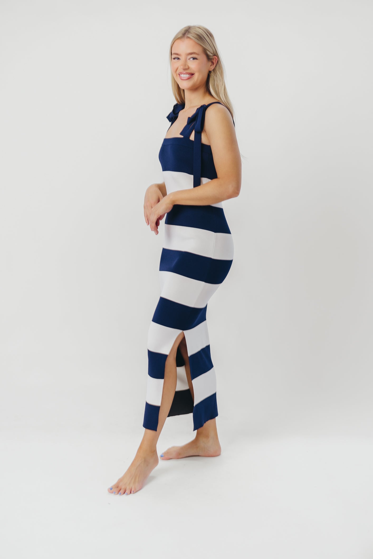 Lottie Sweater Knit Maxi Dress with Bow Shoulder Detail in Navy