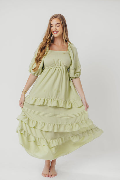 Carla Ruffle Tiered Maxi Dress with Square Neckline in Sage