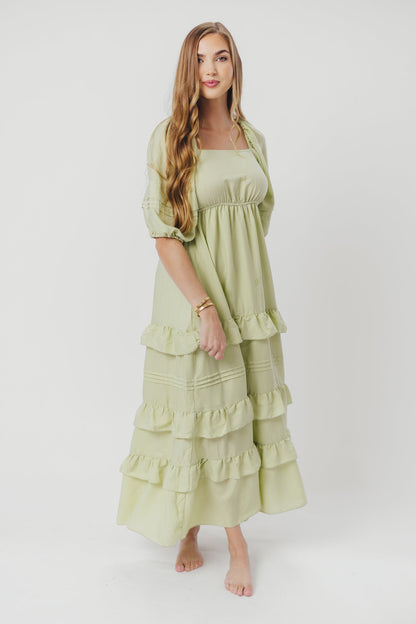 Carla Ruffle Tiered Maxi Dress with Square Neckline in Sage