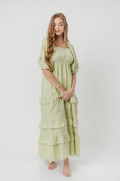 Carla Ruffle Tiered Maxi Dress with Square Neckline in Sage