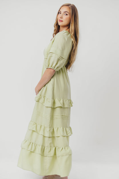 Carla Ruffle Tiered Maxi Dress with Square Neckline in Sage