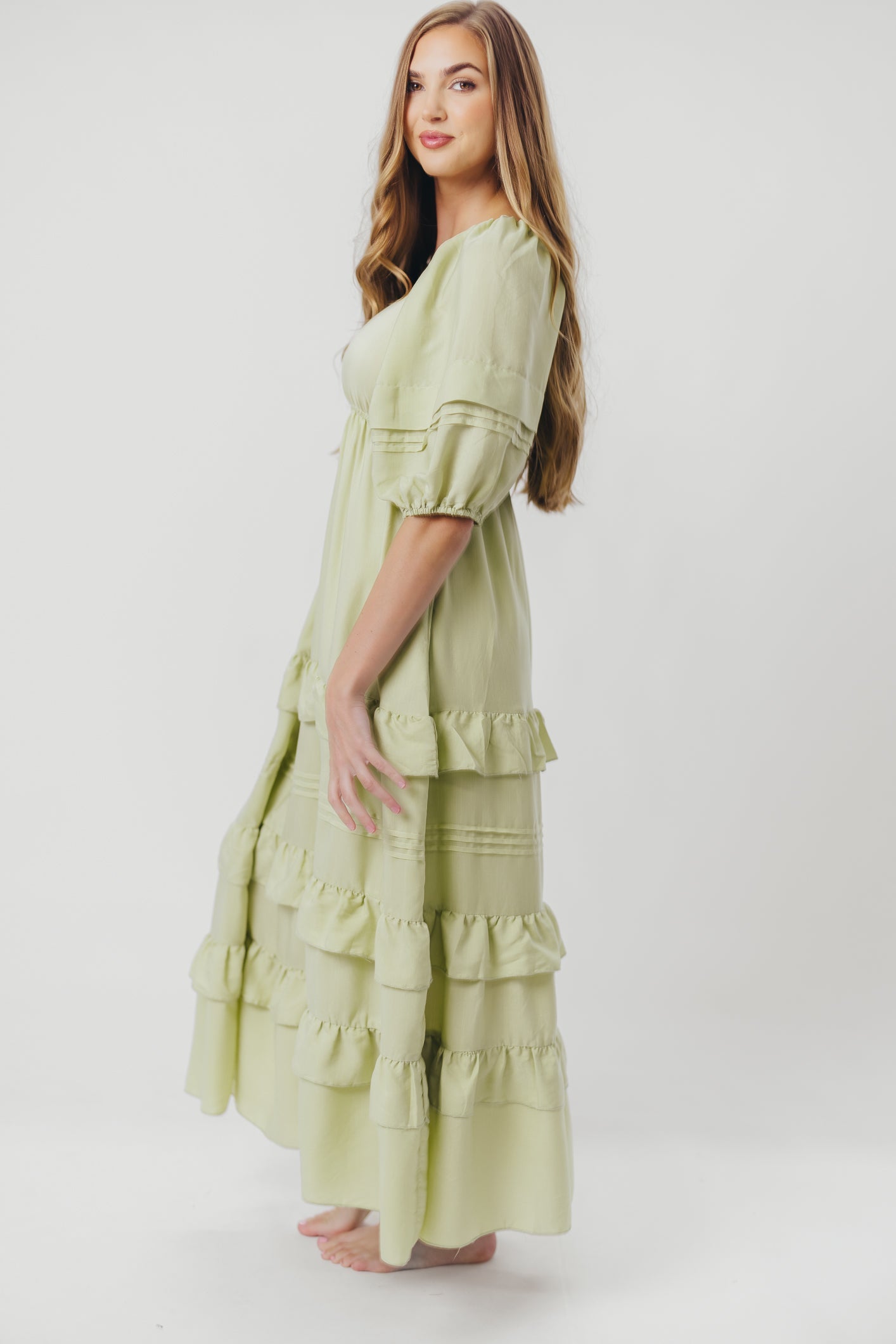 Carla Ruffle Tiered Maxi Dress with Square Neckline in Sage