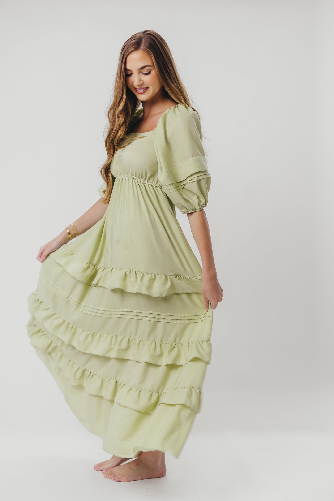 Carla Ruffle Tiered Maxi Dress with Square Neckline in Sage