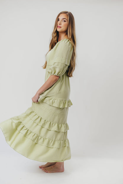 Carla Ruffle Tiered Maxi Dress with Square Neckline in Sage