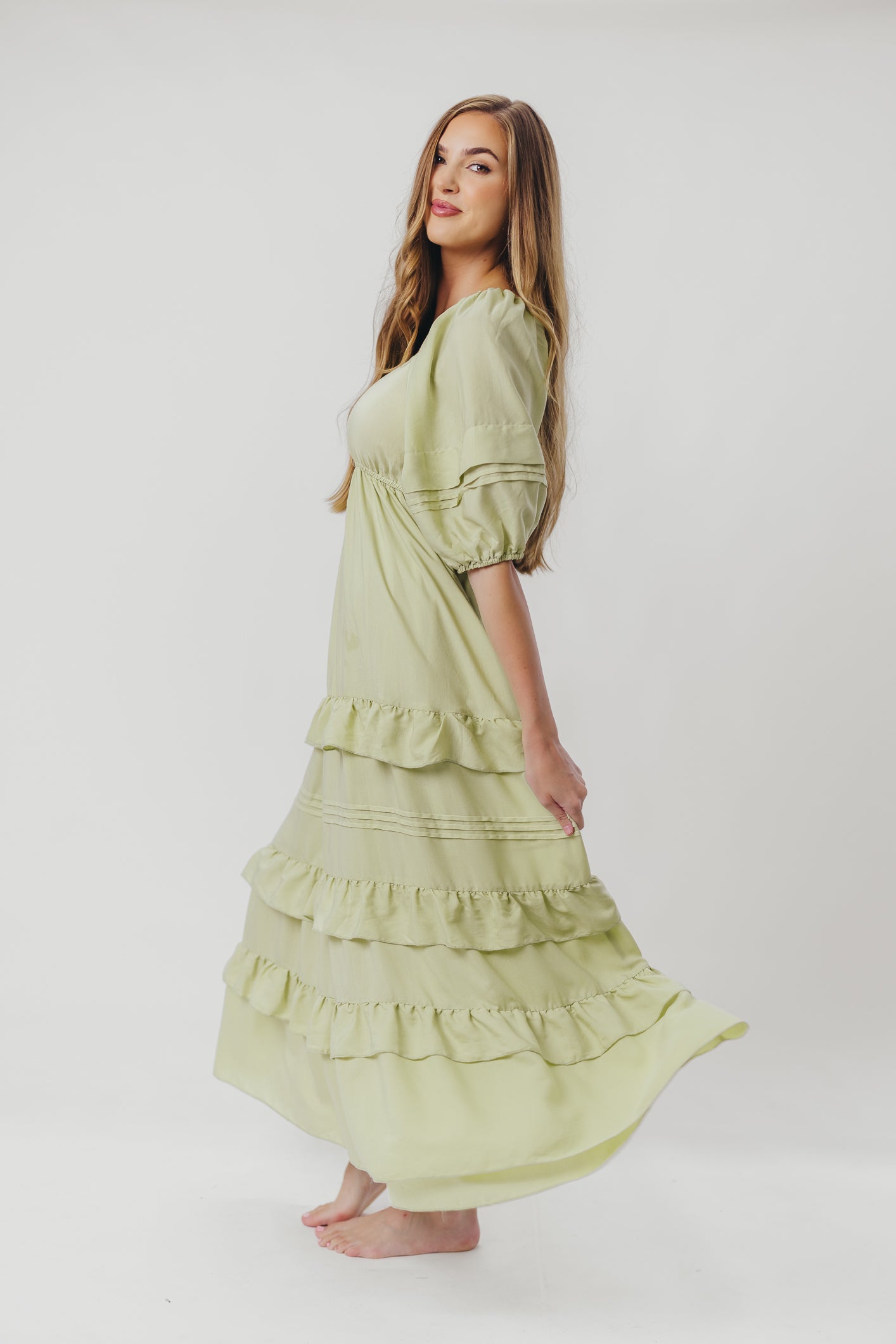 Carla Ruffle Tiered Maxi Dress with Square Neckline in Sage