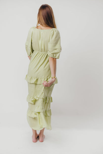 Carla Ruffle Tiered Maxi Dress with Square Neckline in Sage