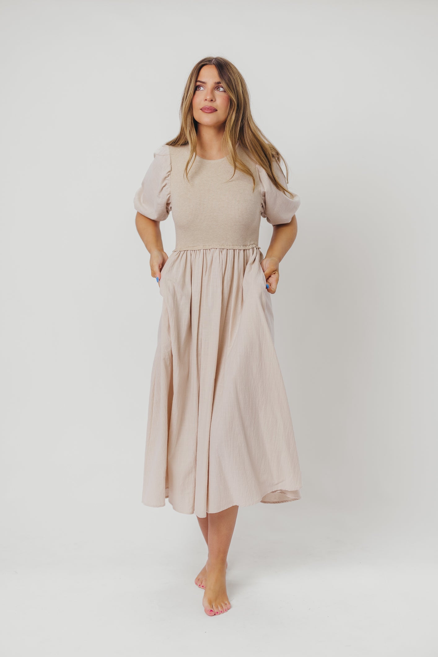 Ellis Mixed Media Midi Dress in Natural