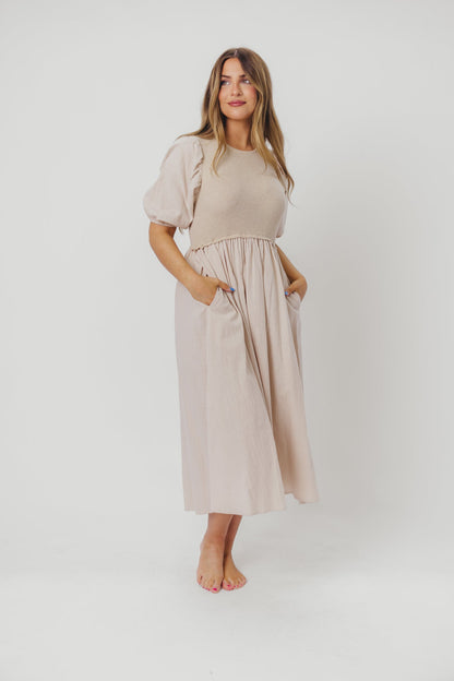 Ellis Mixed Media Midi Dress in Natural