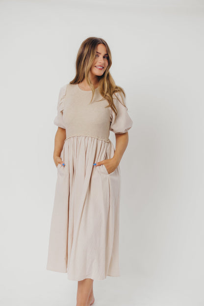 Ellis Mixed Media Midi Dress in Natural