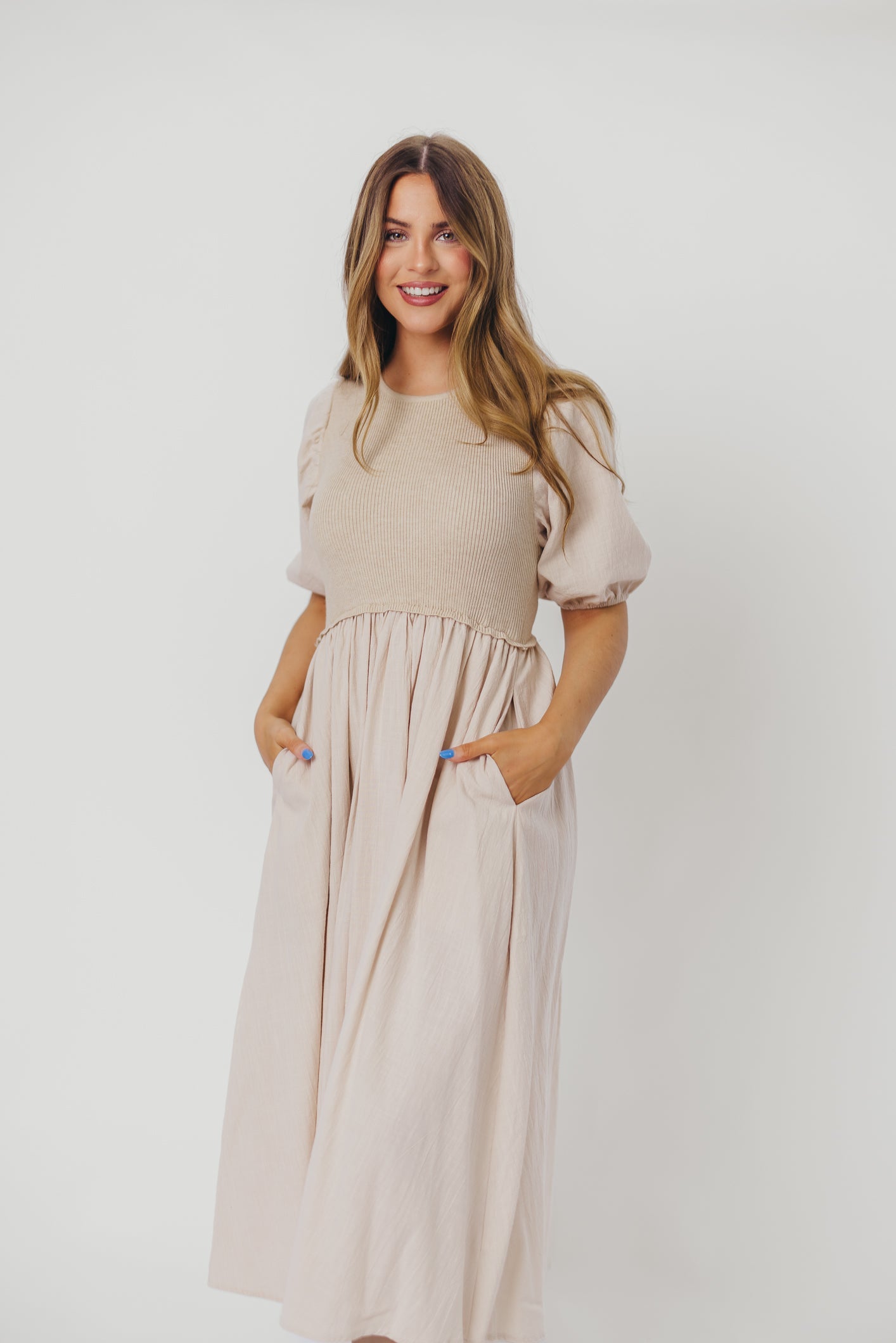 Ellis Mixed Media Midi Dress in Natural