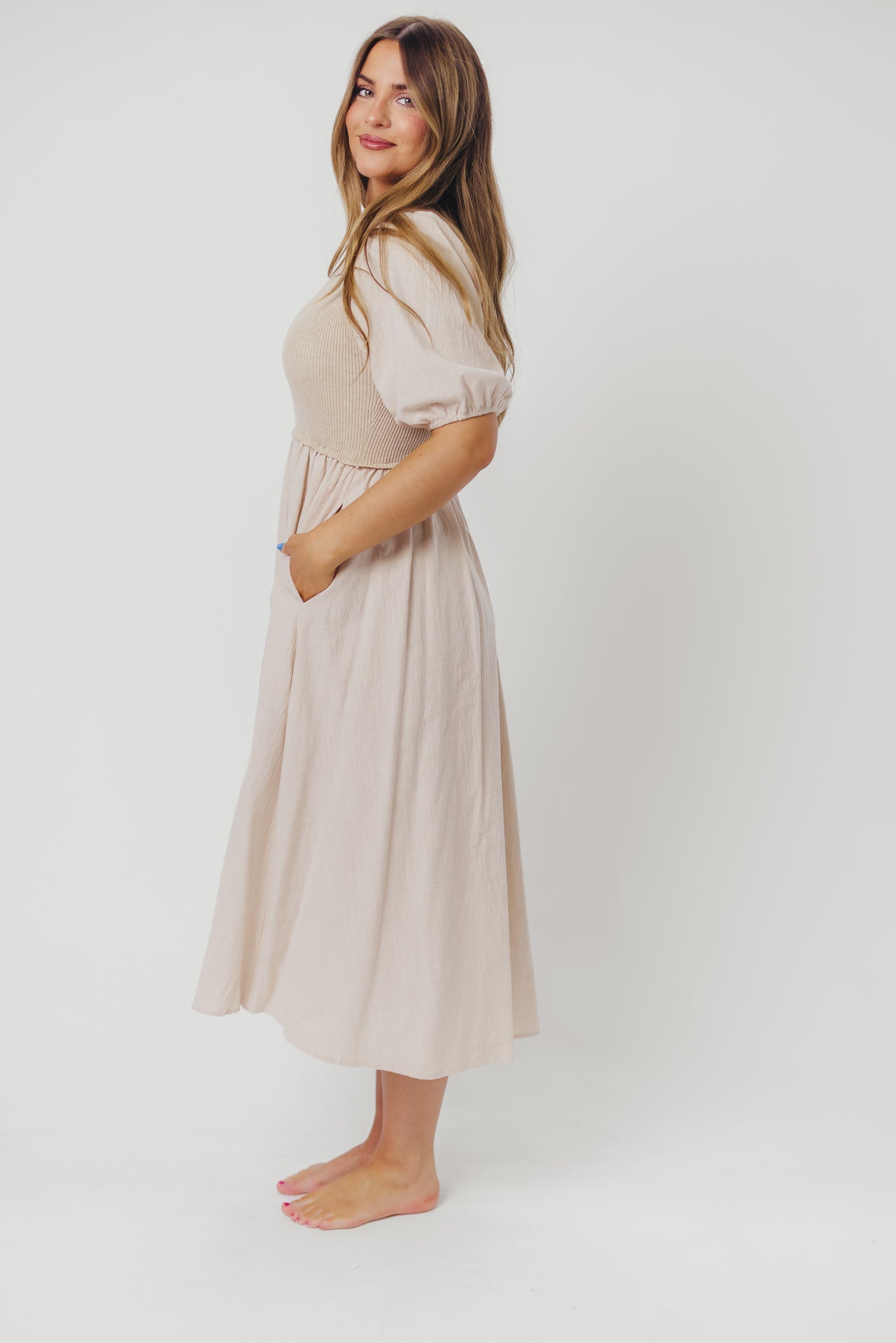 Ellis Mixed Media Midi Dress in Natural