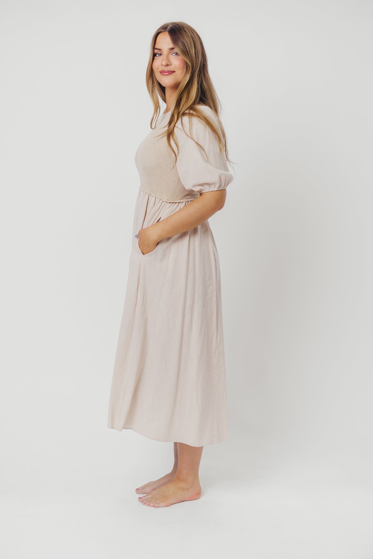 Ellis Mixed Media Midi Dress in Natural