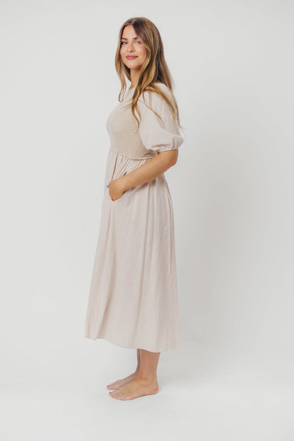 Ellis Mixed Media Midi Dress in Natural