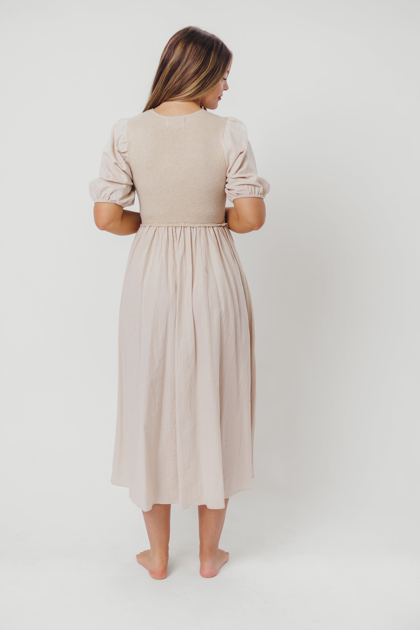 Ellis Mixed Media Midi Dress in Natural