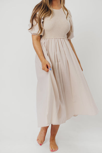 Ellis Mixed Media Midi Dress in Natural