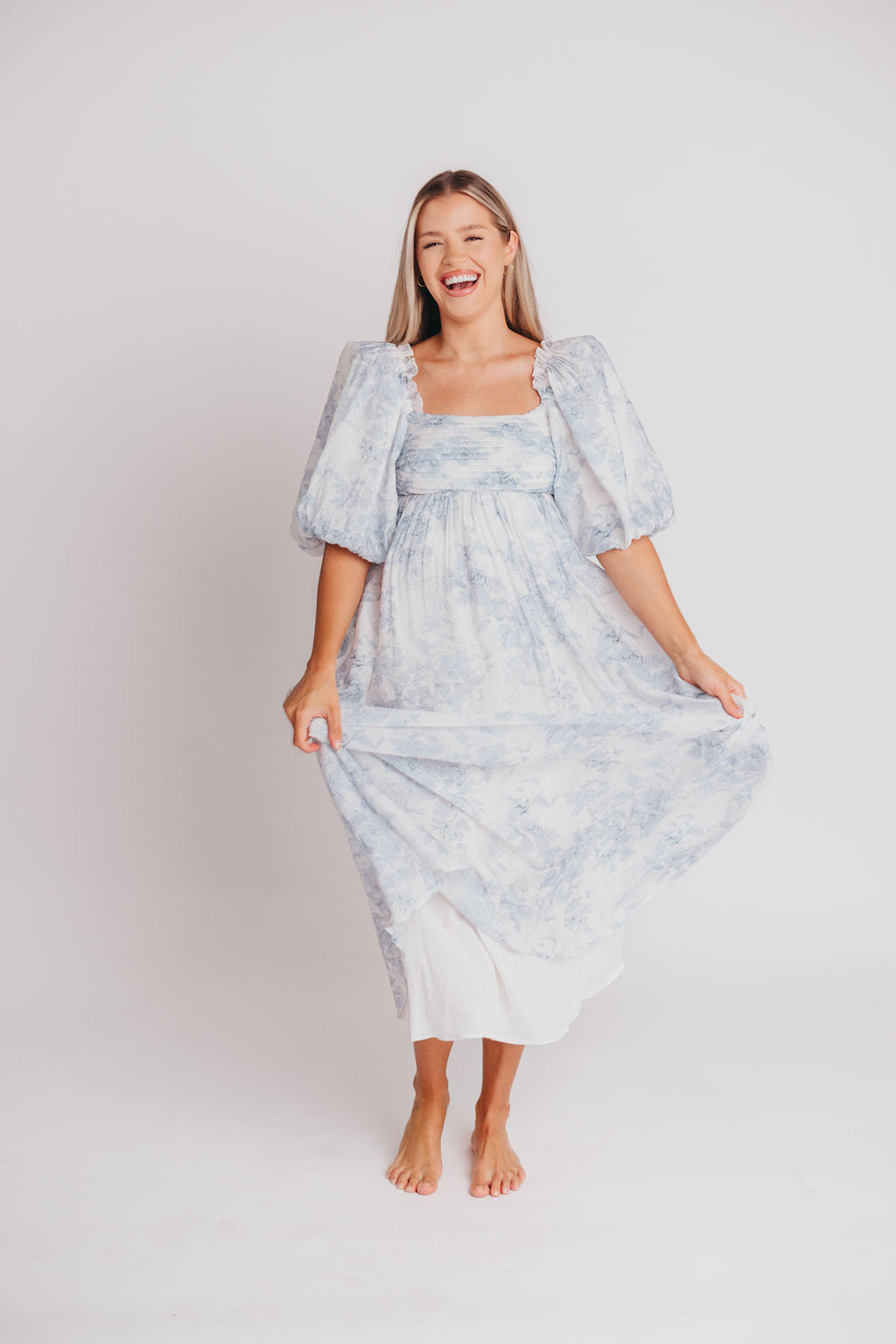 Melody Maxi Dress with Pleats and Bow Detail in Blue Floral - Bump Friendly & Inclusive Sizing (S-3XL) Restocking Early August