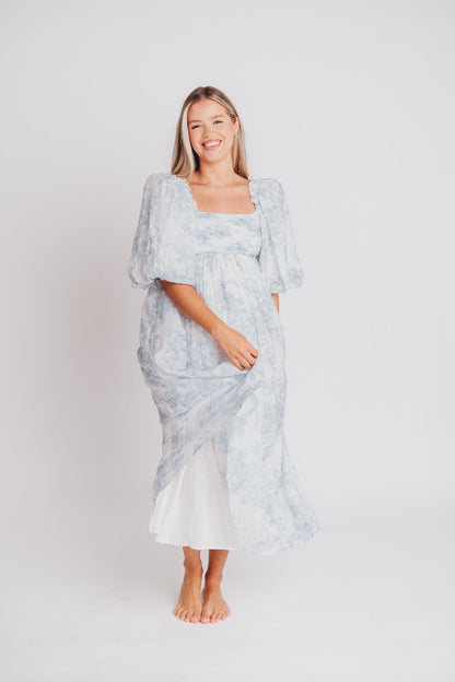 Melody Maxi Dress with Pleats and Bow Detail in Blue Floral - Bump Friendly & Inclusive Sizing (S-3XL) Restocking Early August