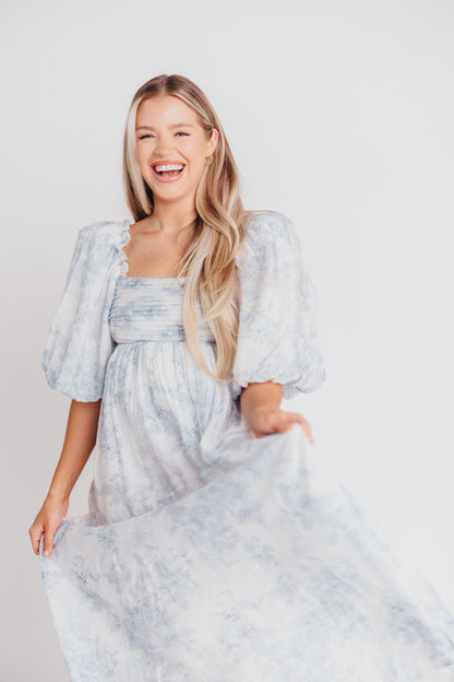 Melody Maxi Dress with Pleats and Bow Detail in Blue Floral - Bump Friendly & Inclusive Sizing (S-3XL) Restocking Early August