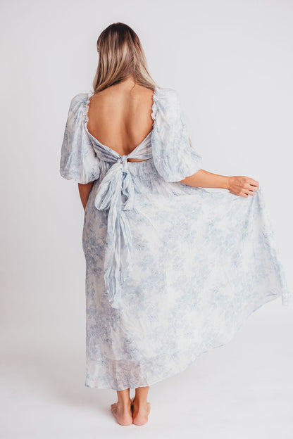 Melody Maxi Dress with Pleats and Bow Detail in Blue Floral - Bump Friendly & Inclusive Sizing (S-3XL) Restocking Early August