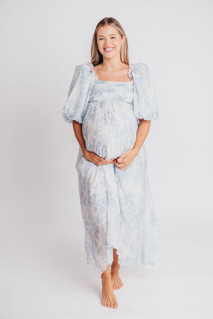 Melody Maxi Dress with Pleats and Bow Detail in Blue Floral - Bump Friendly & Inclusive Sizing (S-3XL) Restocking Early August