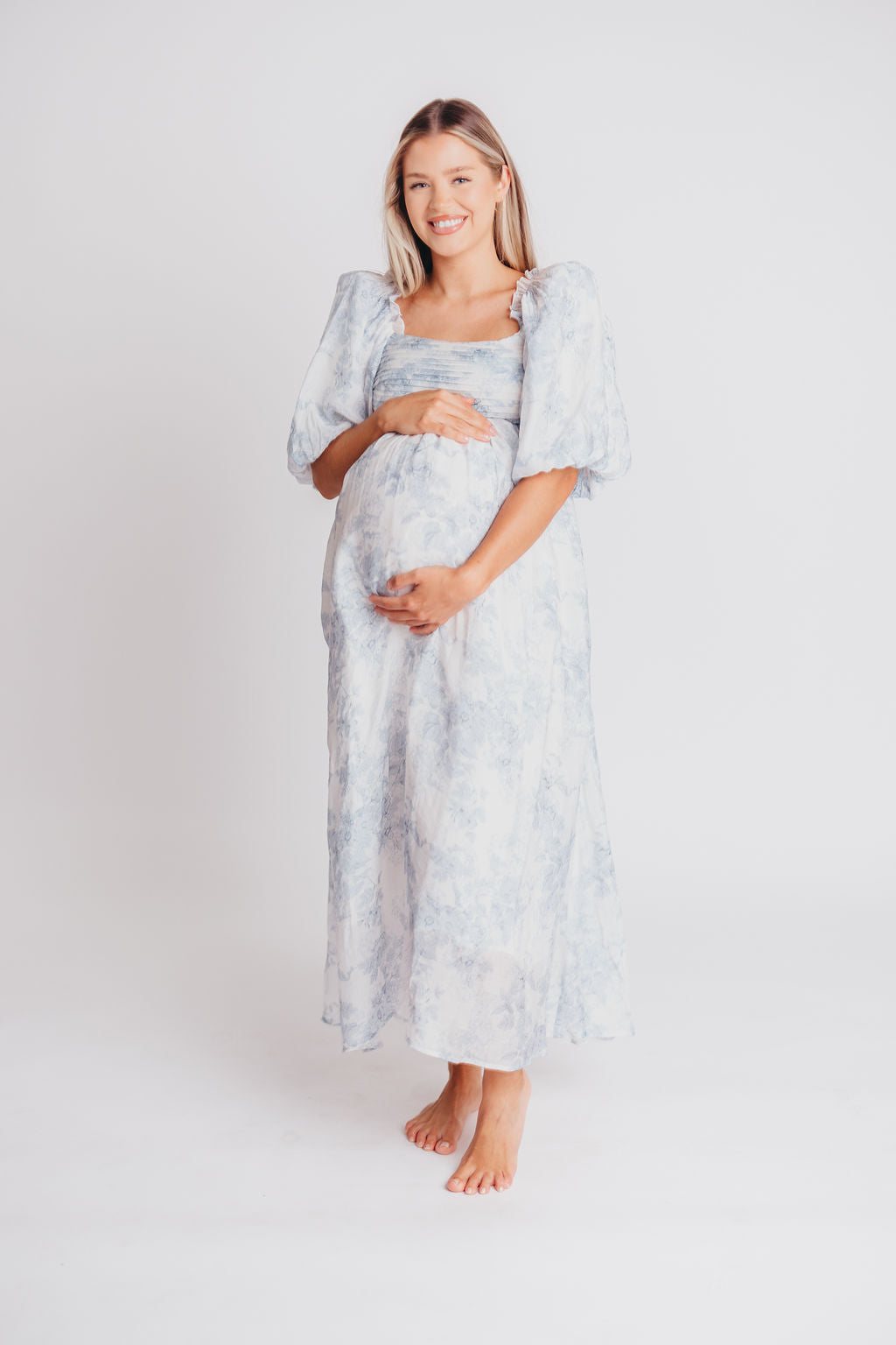 Melody Maxi Dress with Pleats and Bow Detail in Blue Floral - Bump Friendly & Inclusive Sizing (S-3XL) Restocking Early August