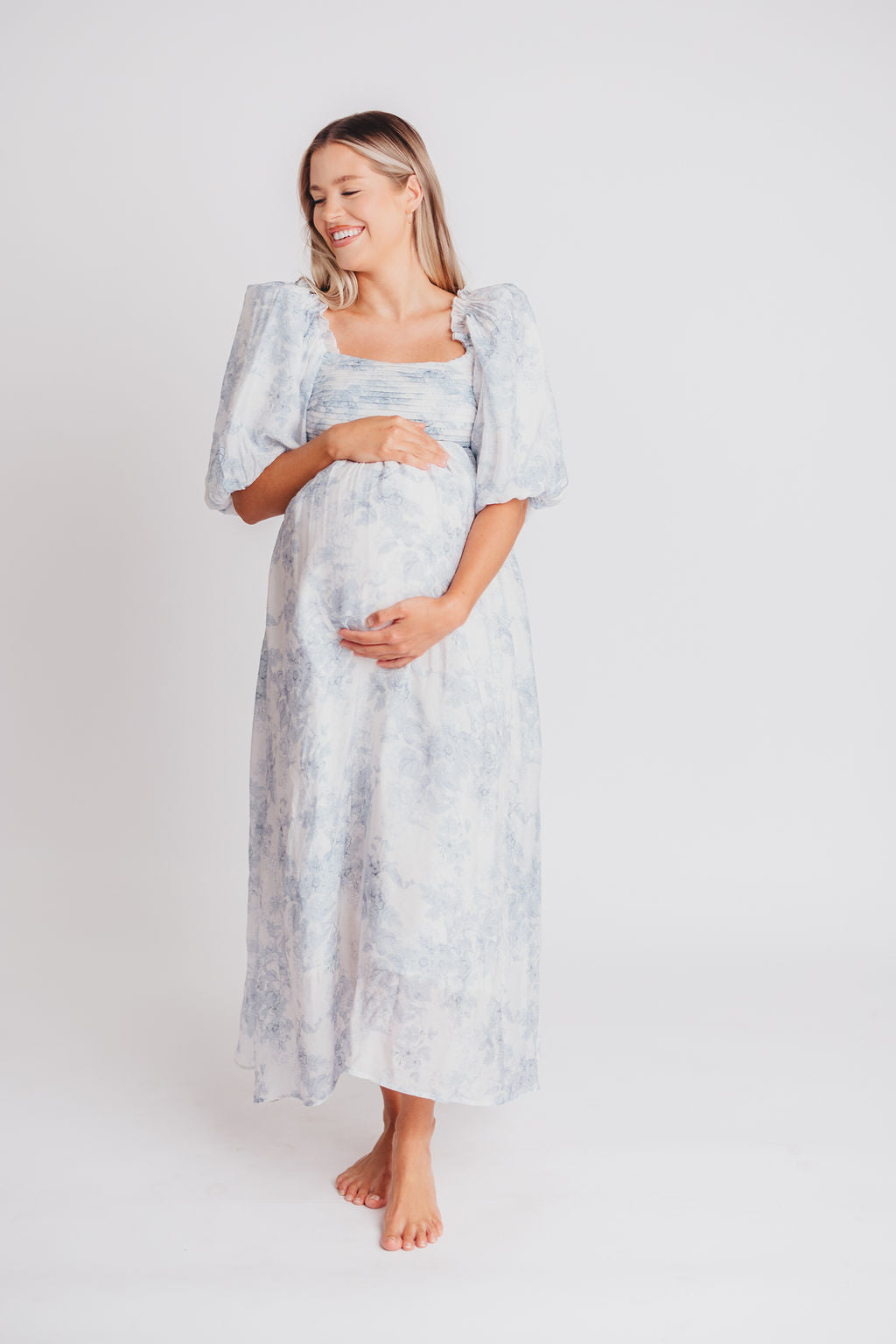 Melody Maxi Dress with Pleats and Bow Detail in Blue Floral - Bump Friendly & Inclusive Sizing (S-3XL) Restocking Early August