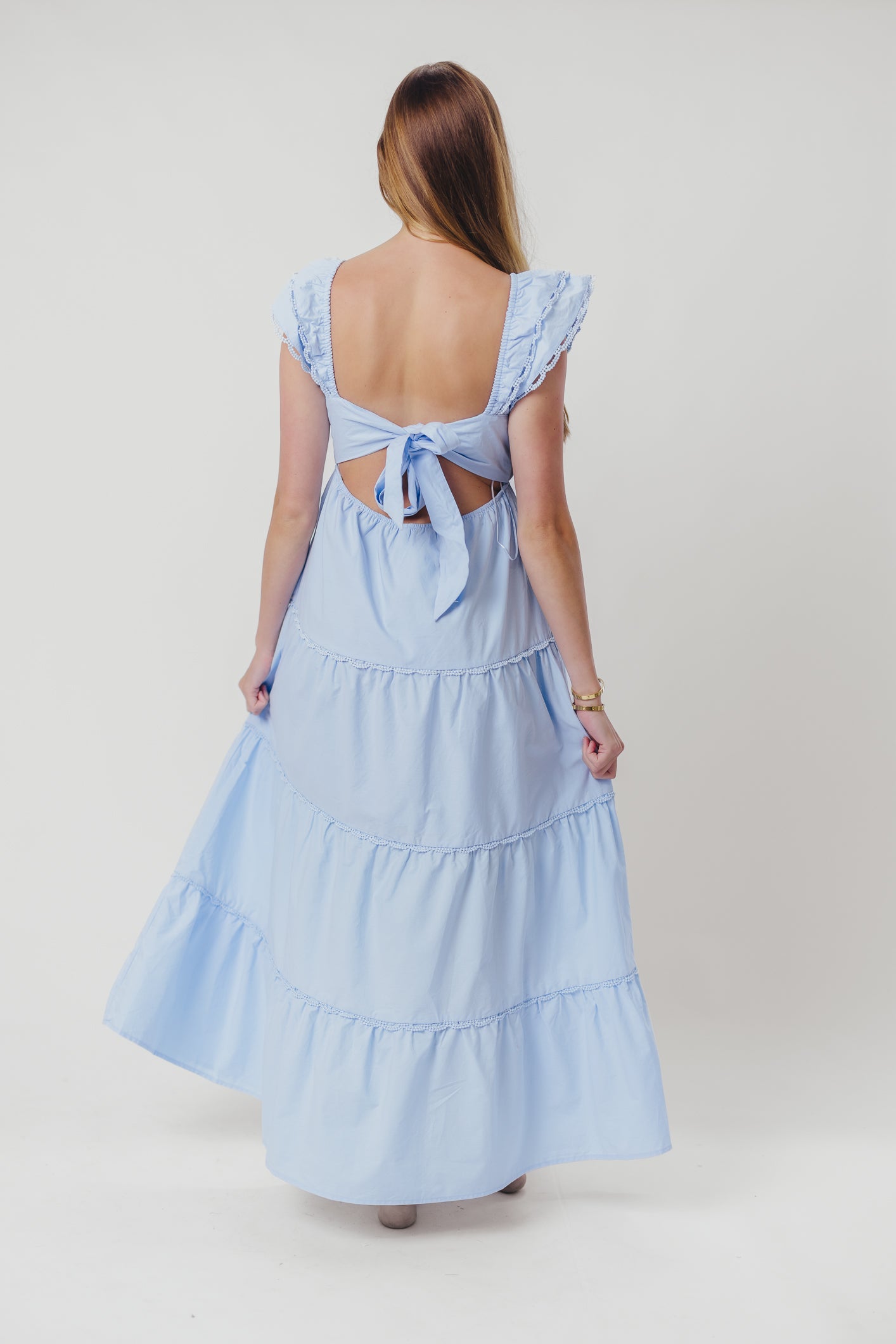 Bliss Tiered Maxi Dress with Ruffled Sleeves in Light Blue