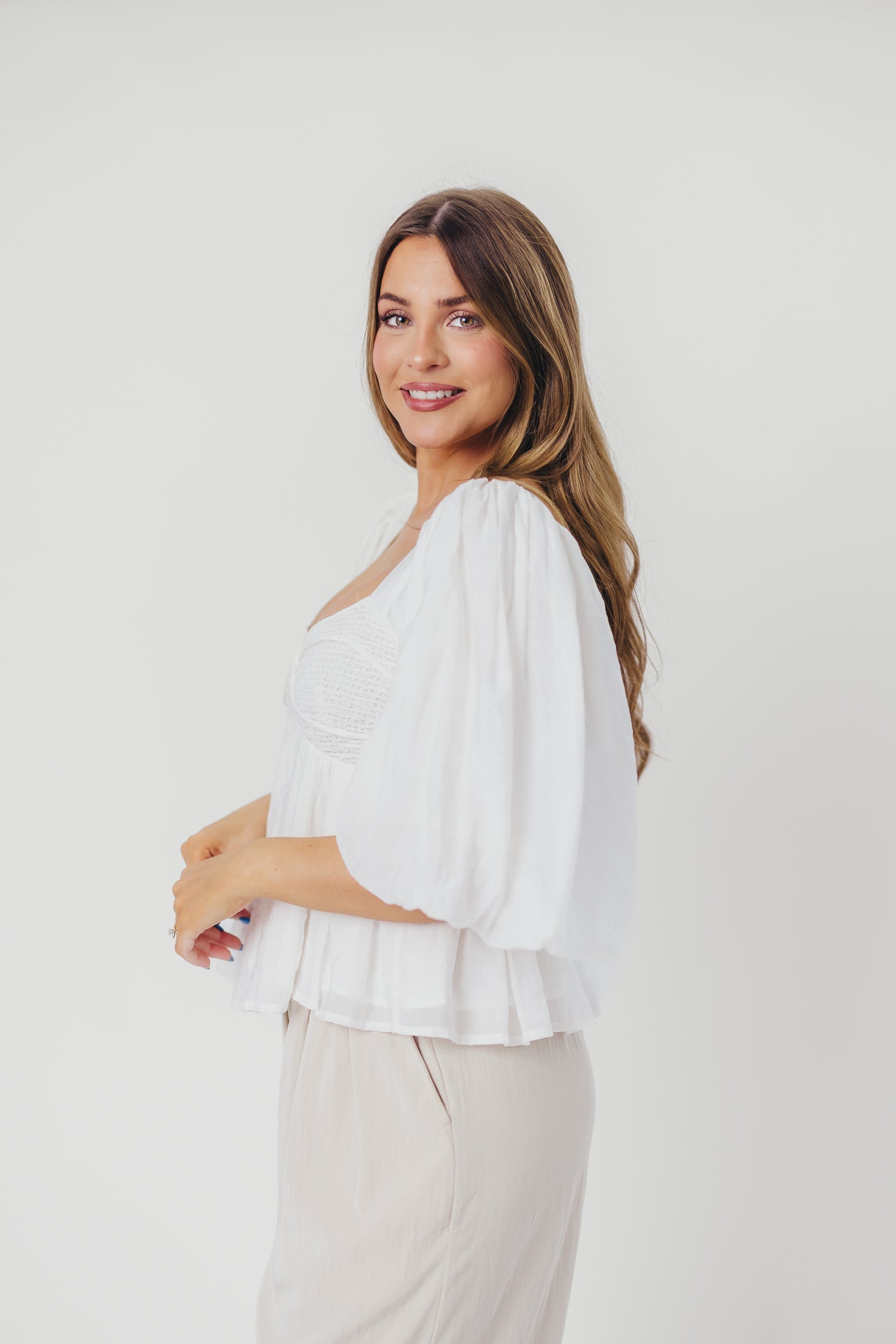 Lily Puffed Sleeve Blouse with Smocking in Natural