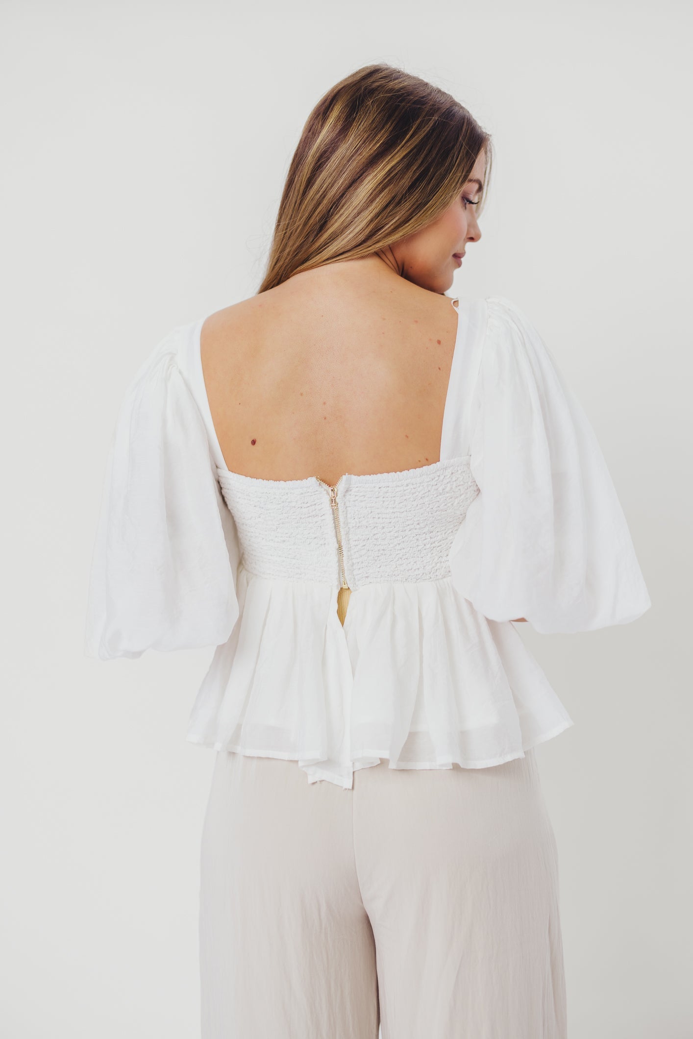 Lily Puffed Sleeve Blouse with Smocking in Natural