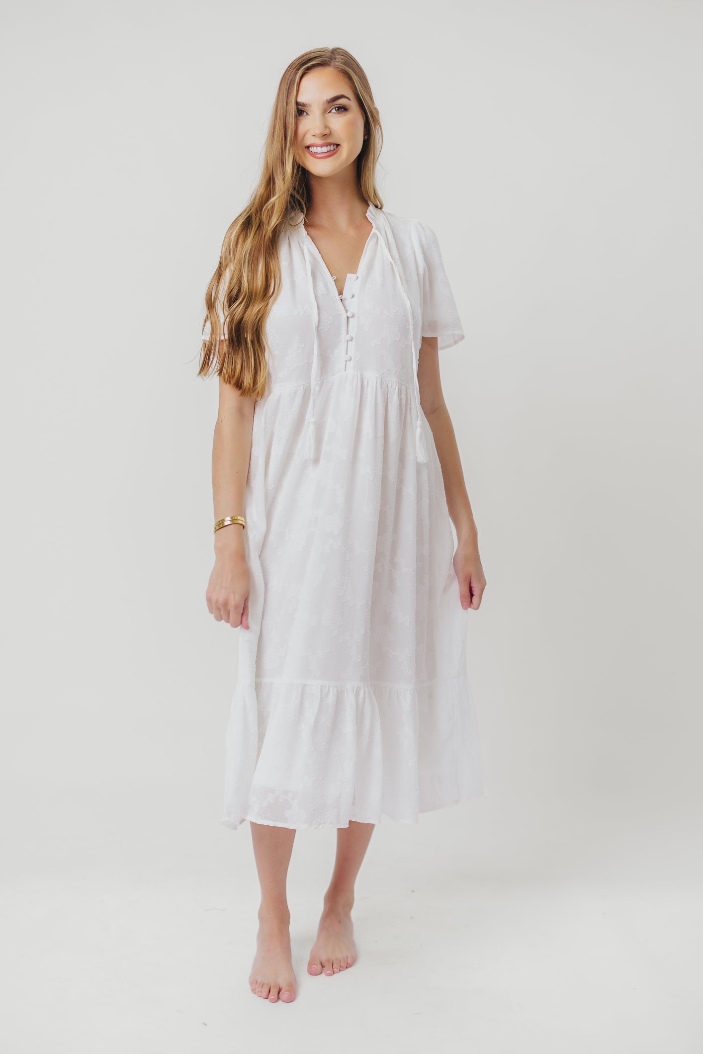 Katie Textured Midi Dress in Off-White