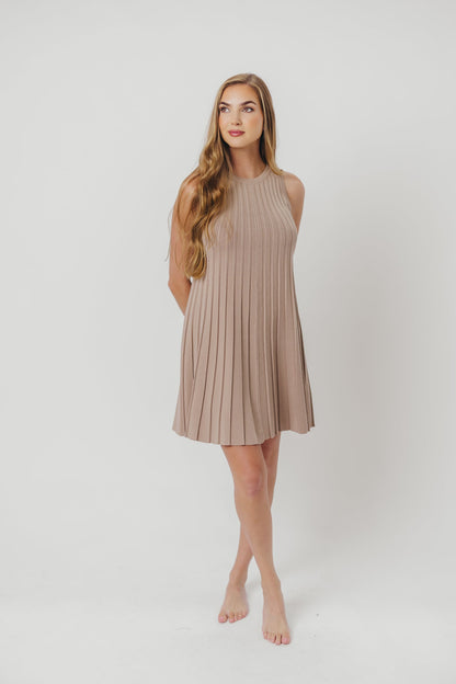 Stephanie Ribbed Knit Mini Dress with Pleats in Taupe